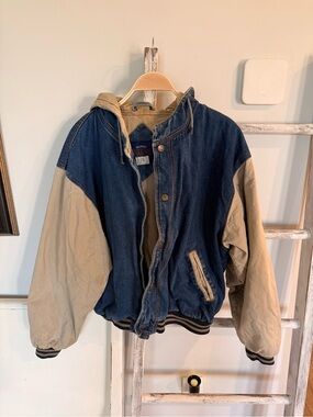 Saugatuck Vtg 90’s Co Blue Denim Tan Canvas Hood Varsity Bomber Jacket Mens XL